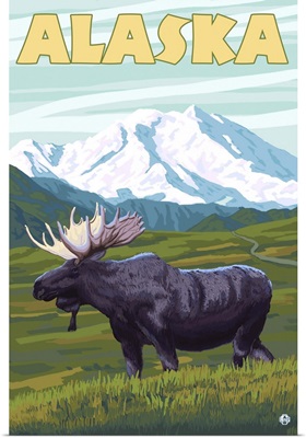 Moose and Mountain - Alaska: Retro Travel Poster