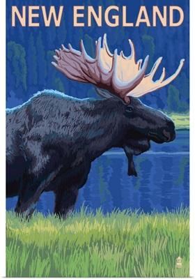 Moose at Night in New England: Retro Travel Poster