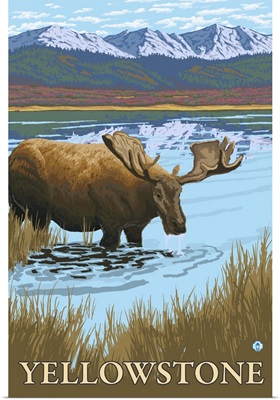 Moose Drinking at Lake - Yellowstone National Park: Retro Travel Poster