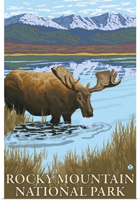 Moose Drinking - Rocky Mountain National Park: Retro Travel Poster