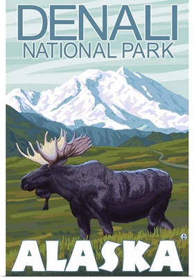 Moose Scene - Denali National Park, Alaska: Retro Travel Poster