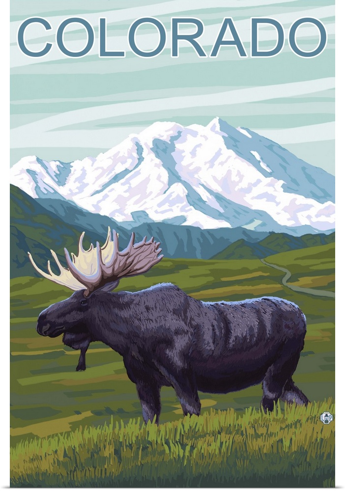 Moose with Mountain - Colorado: Retro Travel Poster