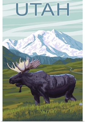 Moose with Mountain - Utah: Retro Travel Poster