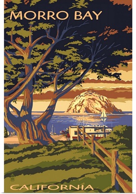 Morro Bay, California Town View with Morro Rock: Retro Travel Poster