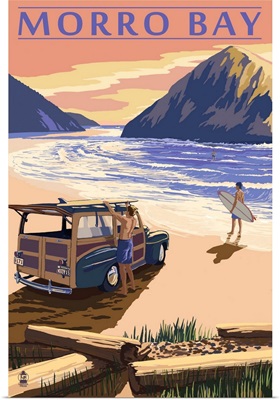 Morro Bay, California - Woody on Beach: Retro Travel Poster