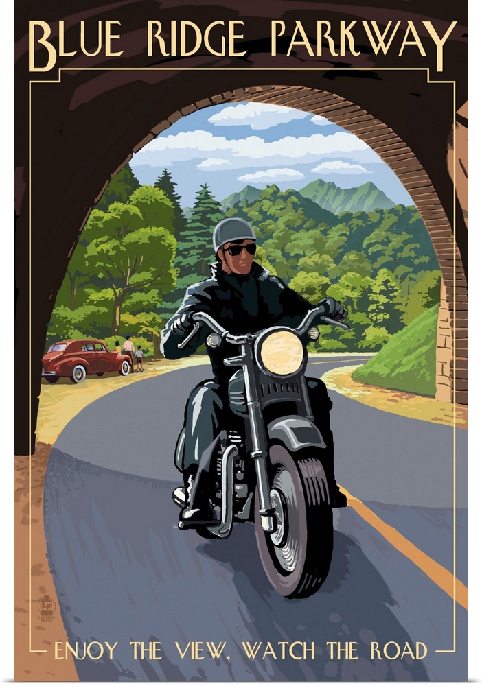 Retro stylized art poster of motorcycle rider just crossing into a tunnel.