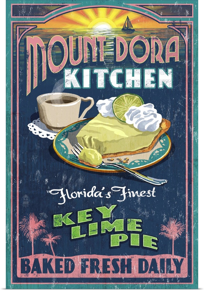 Retro stylized art poster of a vintage sign advertising a slice of key lime pie, with a cup of coffee.