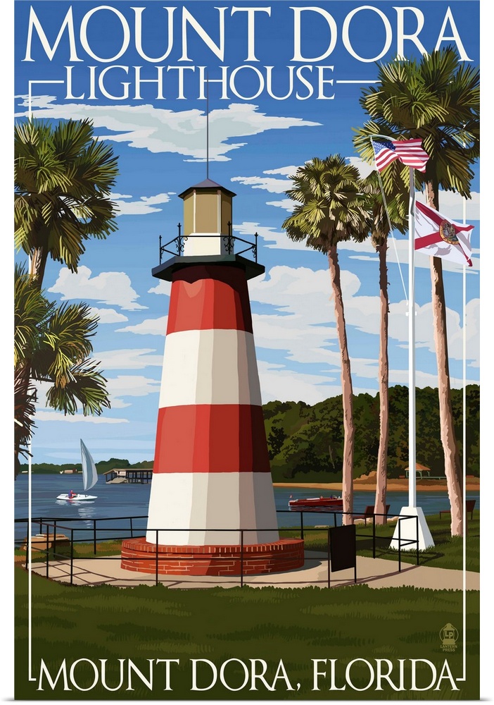 Retro stylized art poster of a striped lighthouse surrounded by tall palm trees.