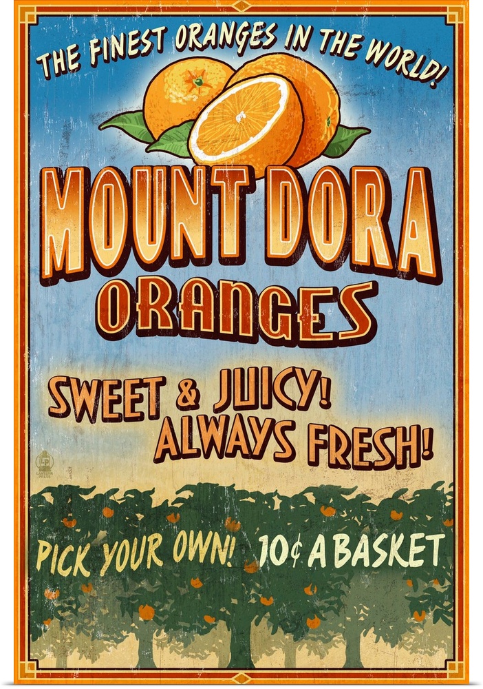 Retro stylized art poster of a vintage sign advertising oranges, with an orchard at the bottom of the image.