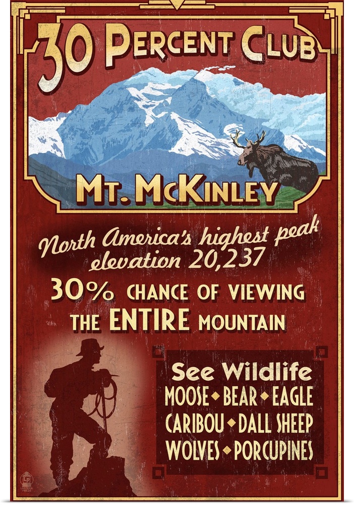 Retro stylized art poster of a moose in the wild and the silhouette of a hiker at the bottom of the image.