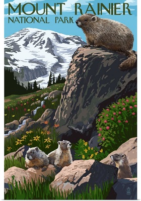 Mount Rainier National Park - Marmots: Retro Travel Poster