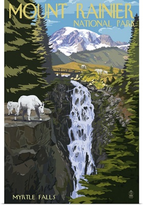 Mount Rainier National Park - Myrtle Falls and Mountain Goats: Retro Travel Poster