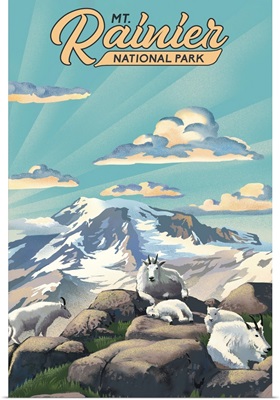 Mount Rainier National Park, Rams On A Mountaintop: Retro Travel Poster