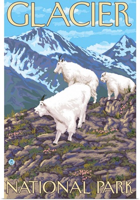 Mountain Goats Scene - Glacier National Park, MT: Retro Travel Poster