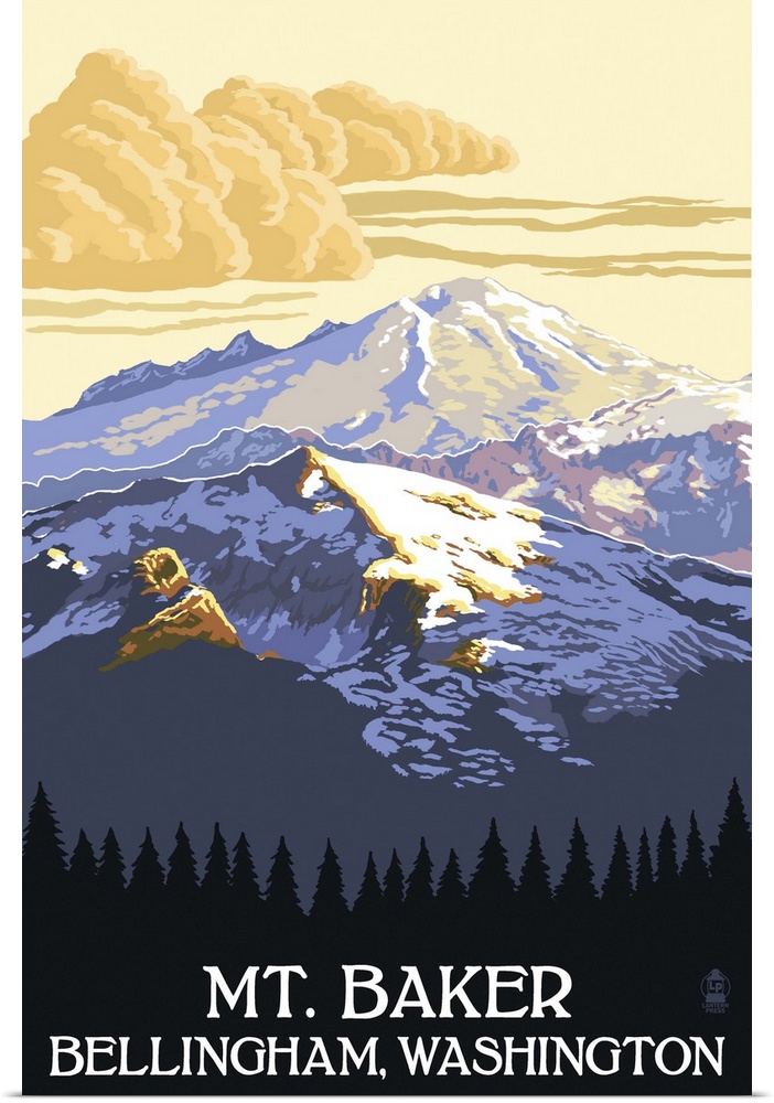 Retro stylized art poster of a snow covered mountain with a puffy clouds in the background.