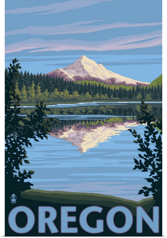 Retro stylized art poster of a mountain casting a reflection in a clear blue lake.
