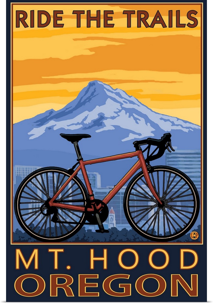 Retro stylized art poster of a mountain bike, with a city skyline and mountain in the background.