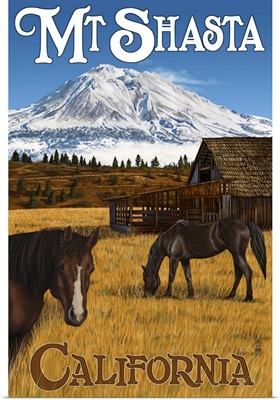 Mt. Shasta and Horses: Retro Travel Poster