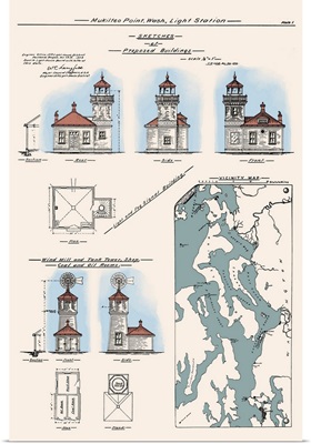 Mukilteo Lighthouse Technical Drawing - Mukilteo, Washington: Retro Travel Poster