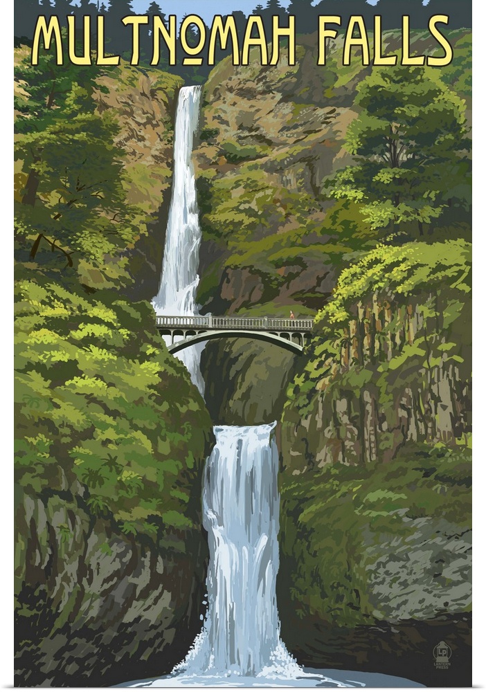 Retro stylized art poster of a rushing waterfall tumbling down through lush foliage.