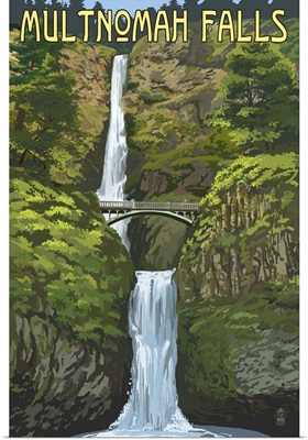 Multnomah Falls, Oregon - Summer View: Retro Travel Poster
