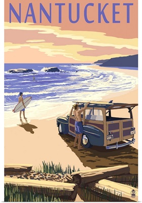 Nantucket, Massachusetts - Woody on Beach: Retro Travel Poster