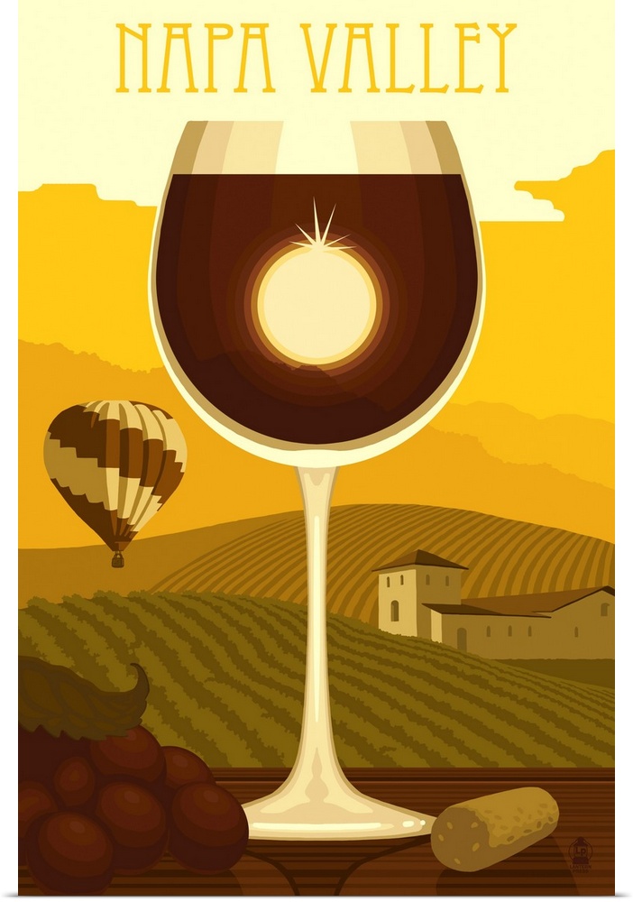 Napa Valley, California - Wine Glass & Vineyard