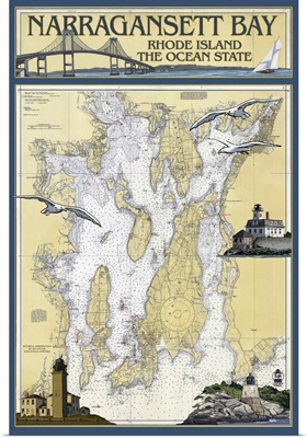 Narragansett Bay, Rhode Island Nautical Chart: Retro Travel Poster