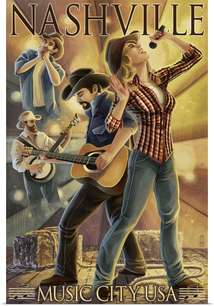 Retro stylized art poster of a man playing a guitar and woman siging.