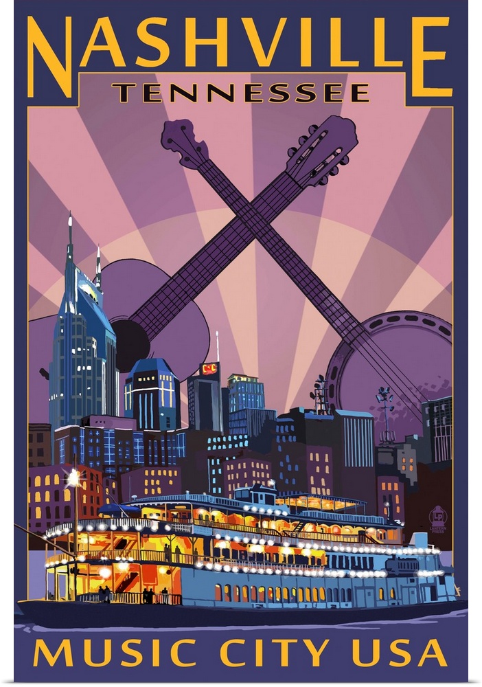 Retro stylized art poster of a city skyline, with an acoustic guitar and a banjo crossing necks in the background.