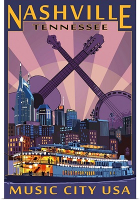 Nashville, Tennessee - Skyline at Night: Retro Travel Poster