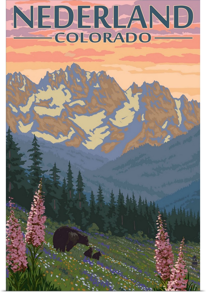 Nederland, Colorado - Bears and Spring Flowers: Retro Travel Poster