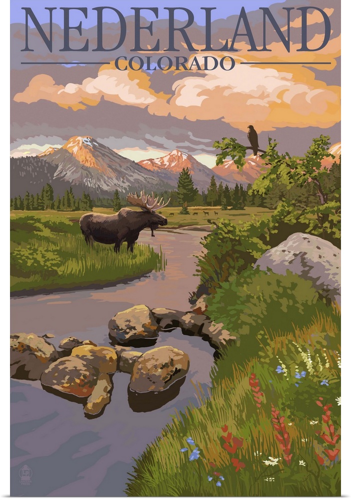 Nederland, Colorado - Moose and Sunset: Retro Travel Poster