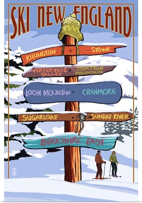 New England - Ski Areas Sign Destinations: Retro Travel Poster