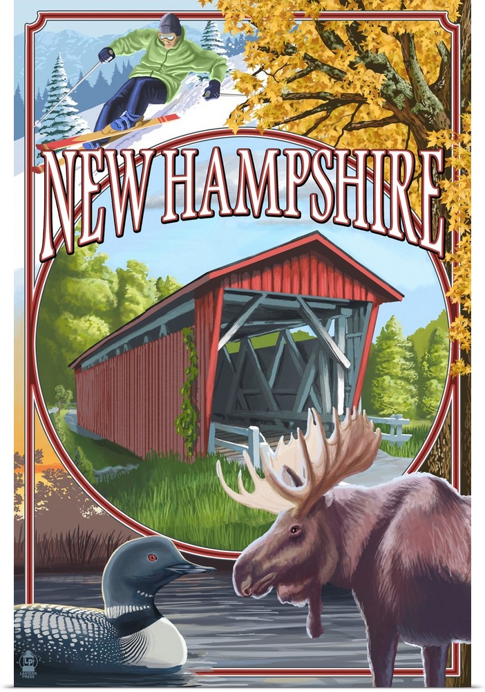 Retro stylized art poster of a covered bridge, with a moose and loons in the bottom corners of the image.