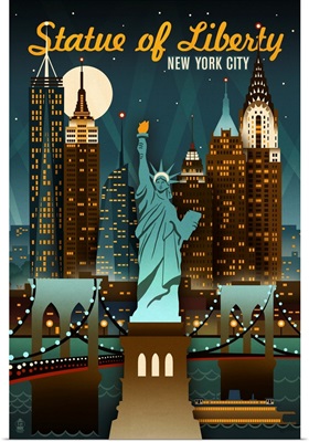 New York City, New York - Statue of Liberty - Retro Skyline