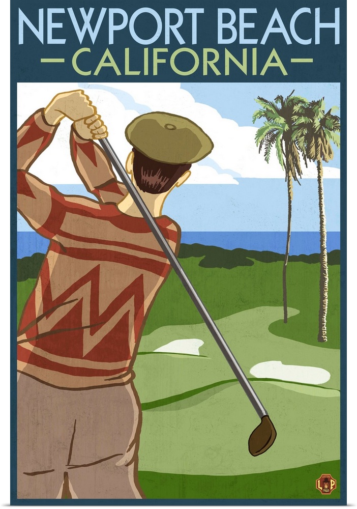 Newport Beach, California - Golfer: Retro Travel Poster