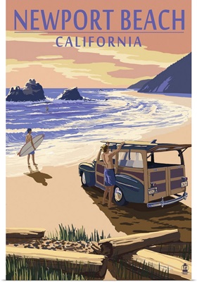 Newport Beach, California - Woody on Beach: Retro Travel Poster