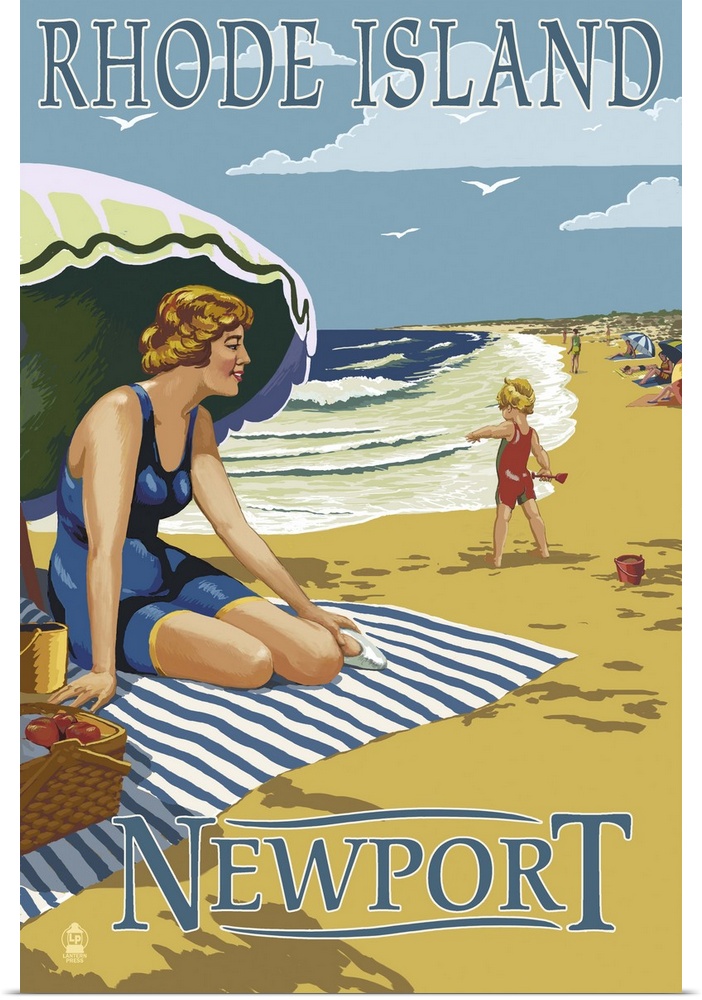 Newport, Rhode Island - Beach Scene: Retro Travel Poster