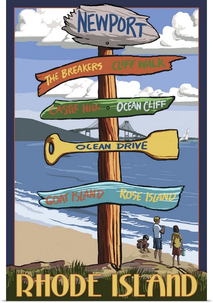 Retro stylized art poster of a sign post giving different directions.