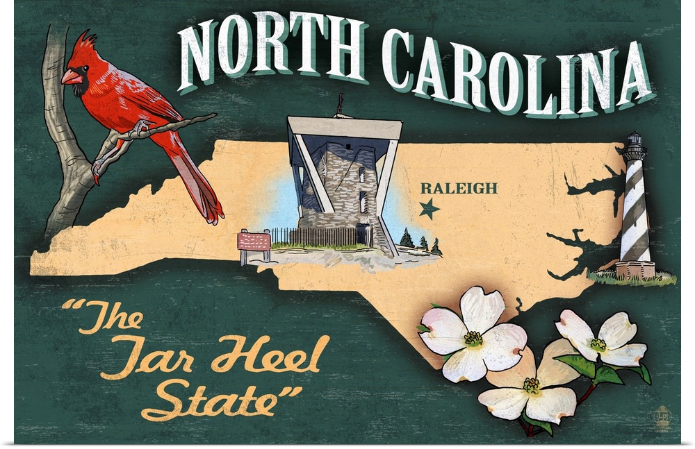 Retro stylized art poster of a collage of images against the background of a an outline of the state of North Carolina.