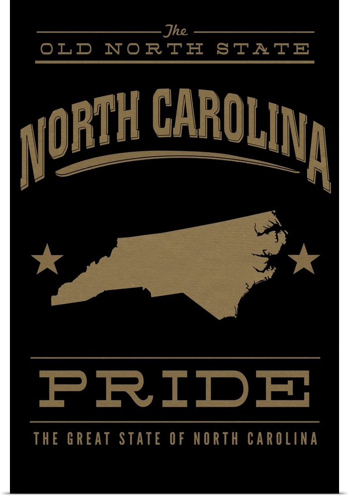 The North Carolina state outline on black with gold text.