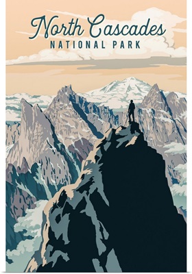 North Cascades National Park, Hiking On Mountaintop: Retro Travel Poster
