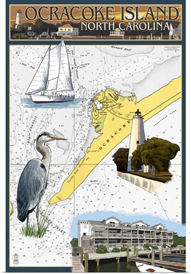 Ocracoke, Outer Banks, North Carolina - Nautical Chart: Retro Travel Poster