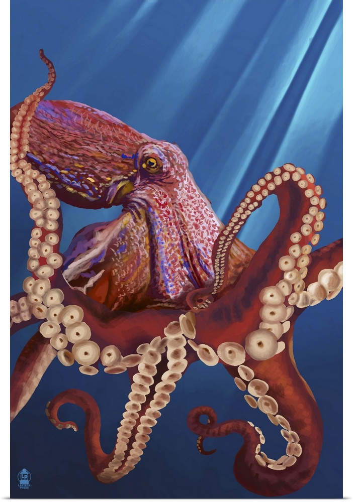 Retro stylized art poster of an octopus hovering in the ocean, with sun rays piercing the water.