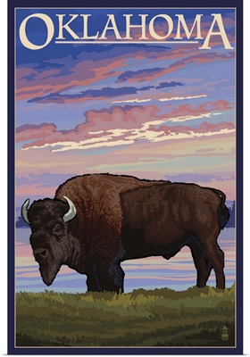 Oklahoma - Buffalo and Sunset: Retro Travel Poster