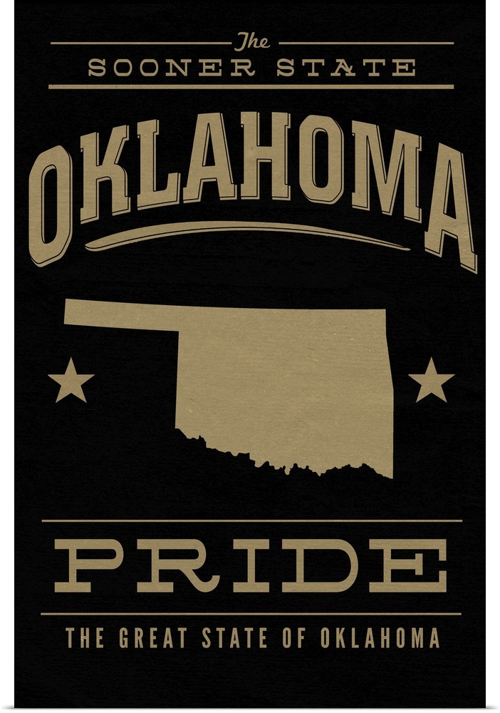 The Oklahoma state outline on black with gold text.