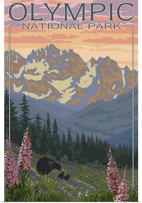 Olympic National Park - Bear Family and Spring Flowers: Retro Travel Poster