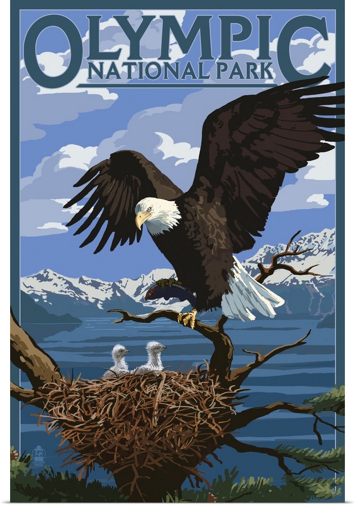 Retro stylized art poster of an American bald eagle landing to its nest of hatchlings.