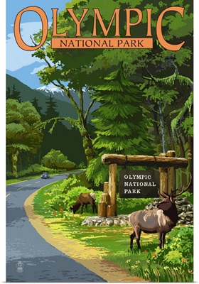 Olympic National Park, Elks Grazing: Retro Travel Poster